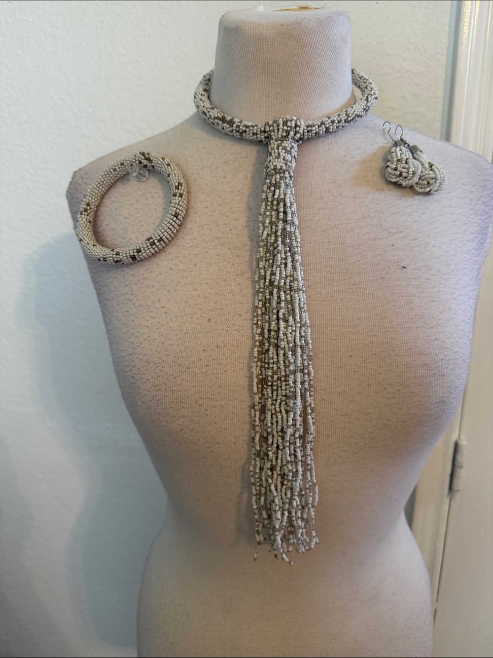 Beaded Cream Tassel Necklace Set with Bracelet & Earrings. Tassel is 12 inches